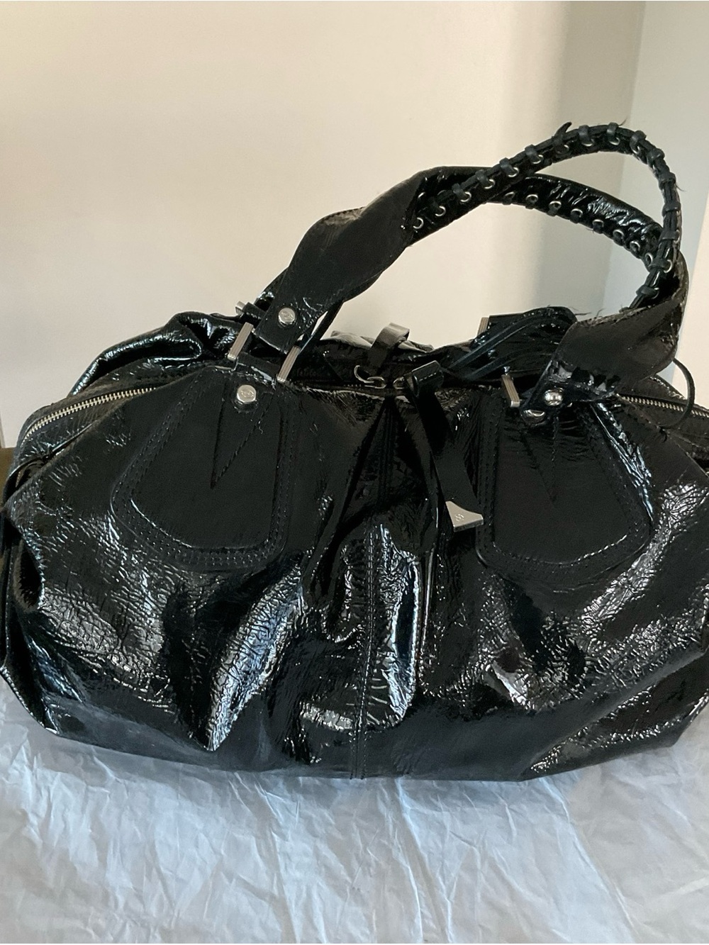 Auth. Italian Francesco Biasia Black Patent Leather Large Satchel